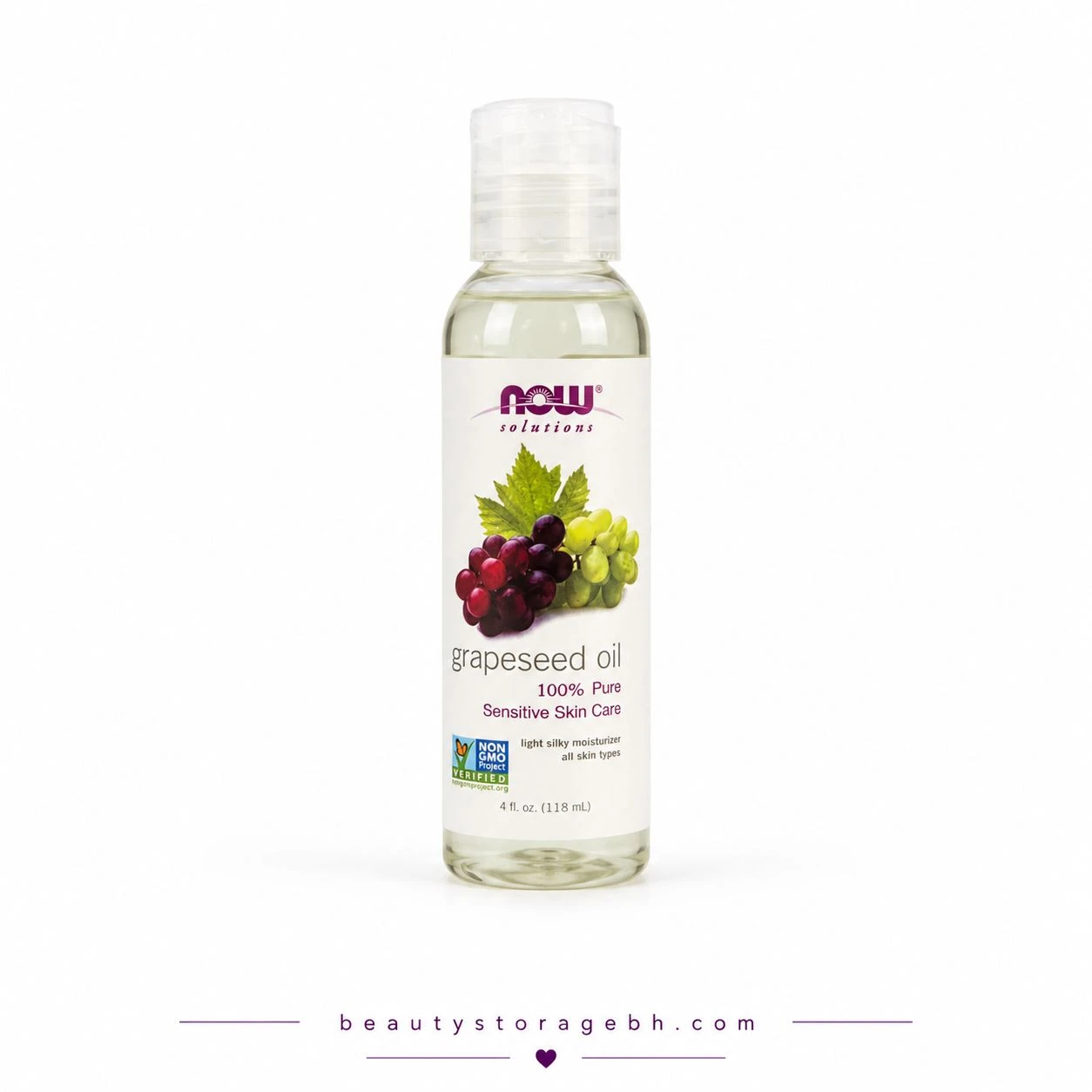 NOW Foods Solutions 100% Pure Grapeseed Oil, a lightweight, natural oil for moisturizing and soothing sensitive skin.